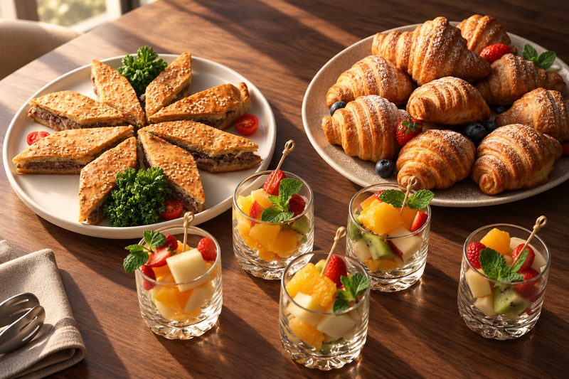 Круассаны, пироги и фруктовые стаканчики